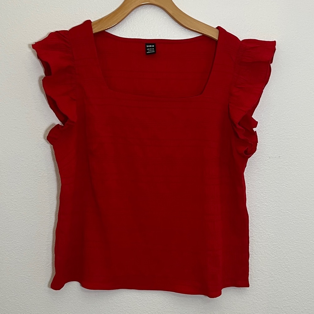 Shein Vibrant Red Ruffle Office Holiday Blouse